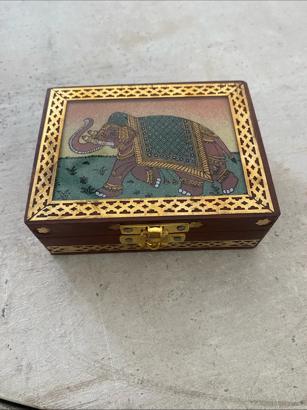 Vintage Wooden Velvet Jewelry Box Indian Elephant NWOT